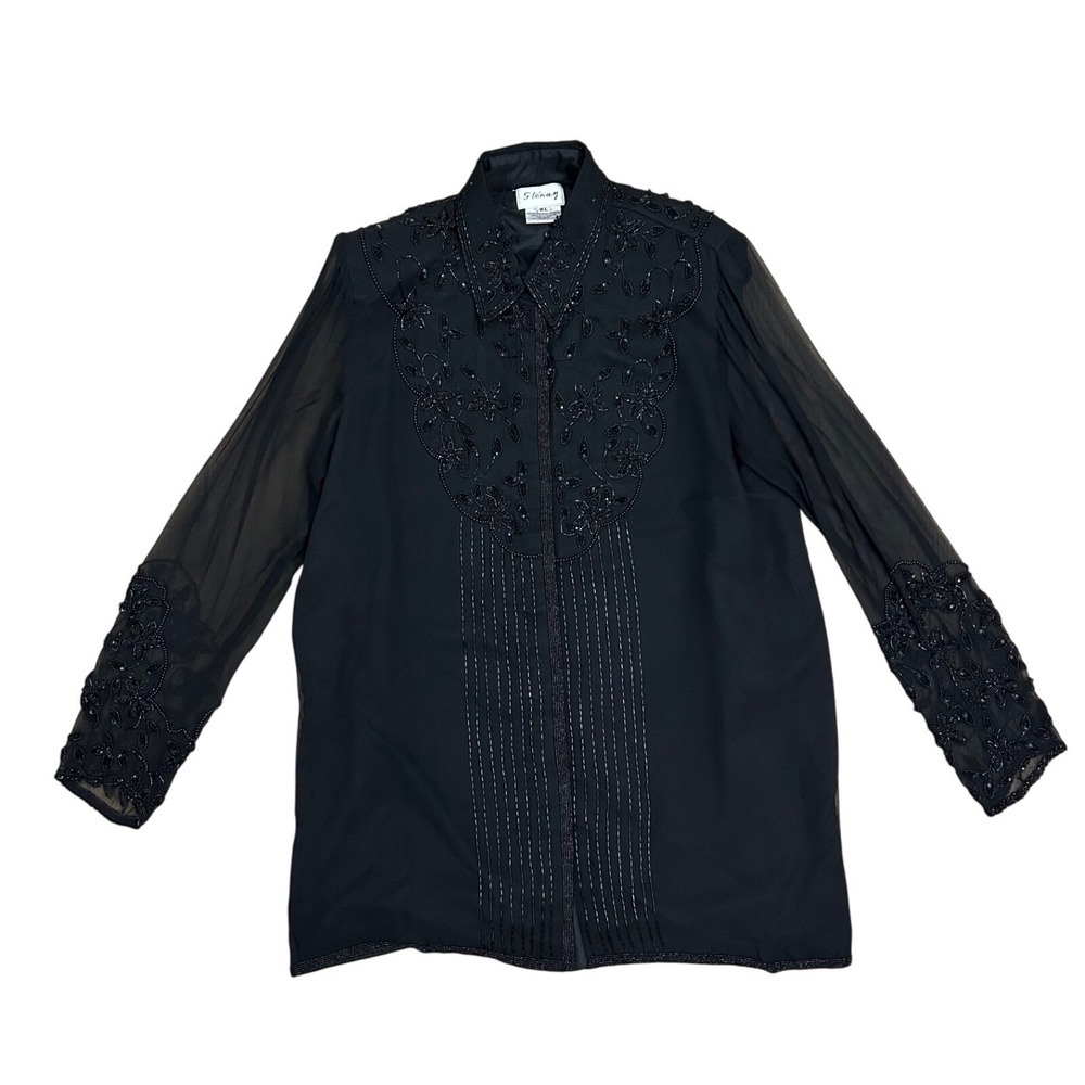 Vtg Stenay Black Silk Beaded Floral Blouse Sheer Sleeve Evening jacket Top XL‎
